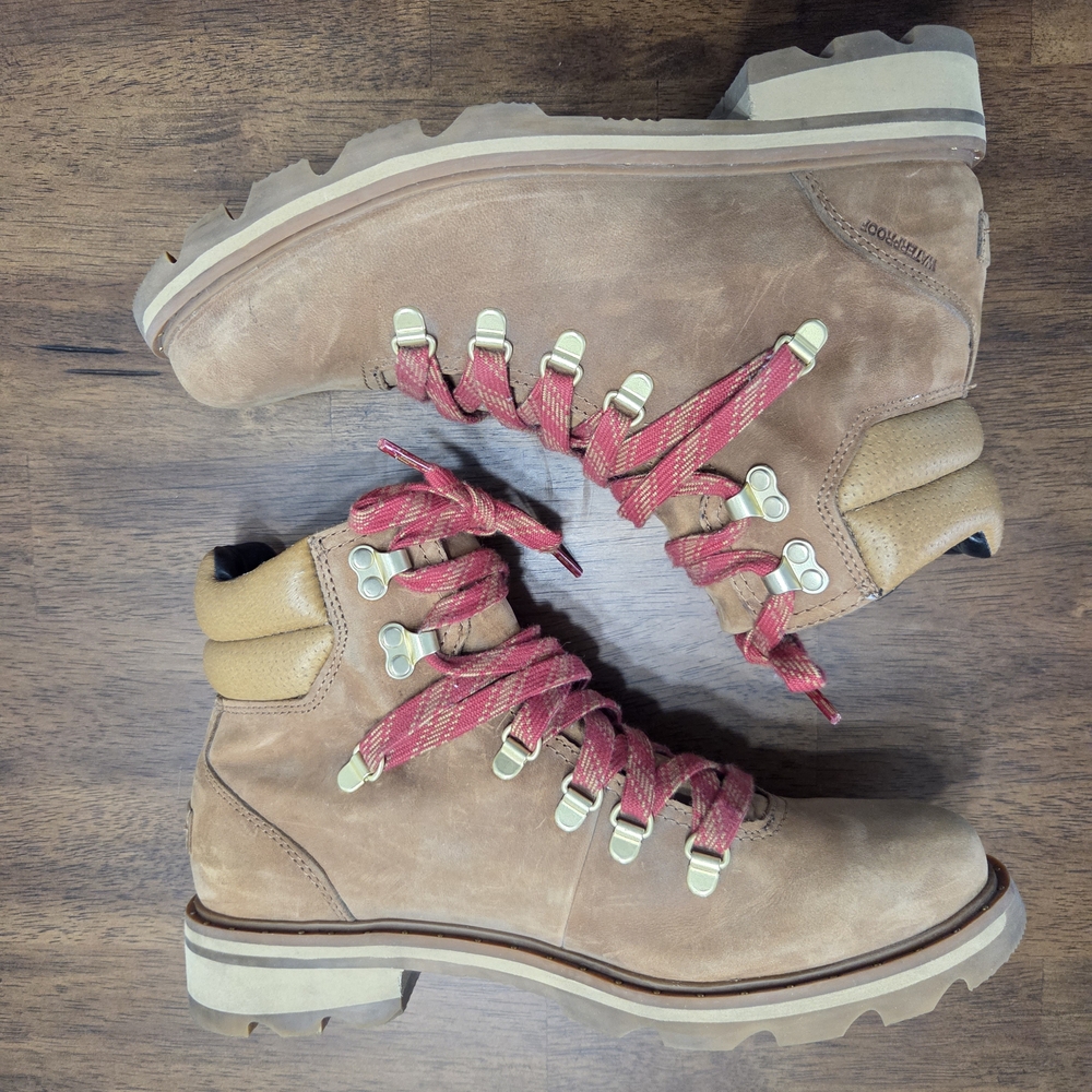 Sorel Tan Leather Lace-Up Boots with Red Laces